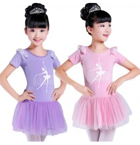 Purple violet light pink cotton spandex tulle patchwork short sleeves girls kid children performance competition latin ballroom dance dresses outfits